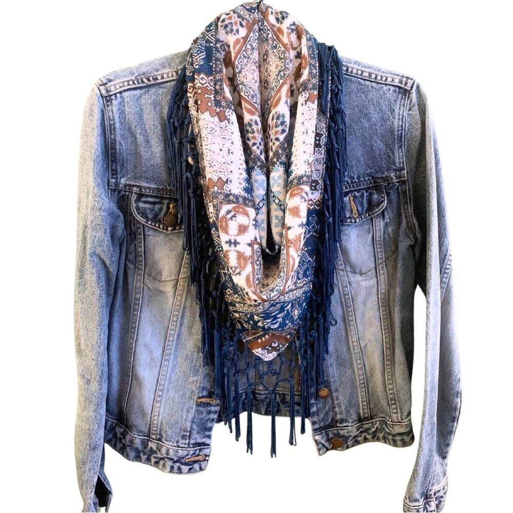 2/$30 Boho Western Teal Blue Tan Brown Print Bandana Neck Scarf Size XS Fringe